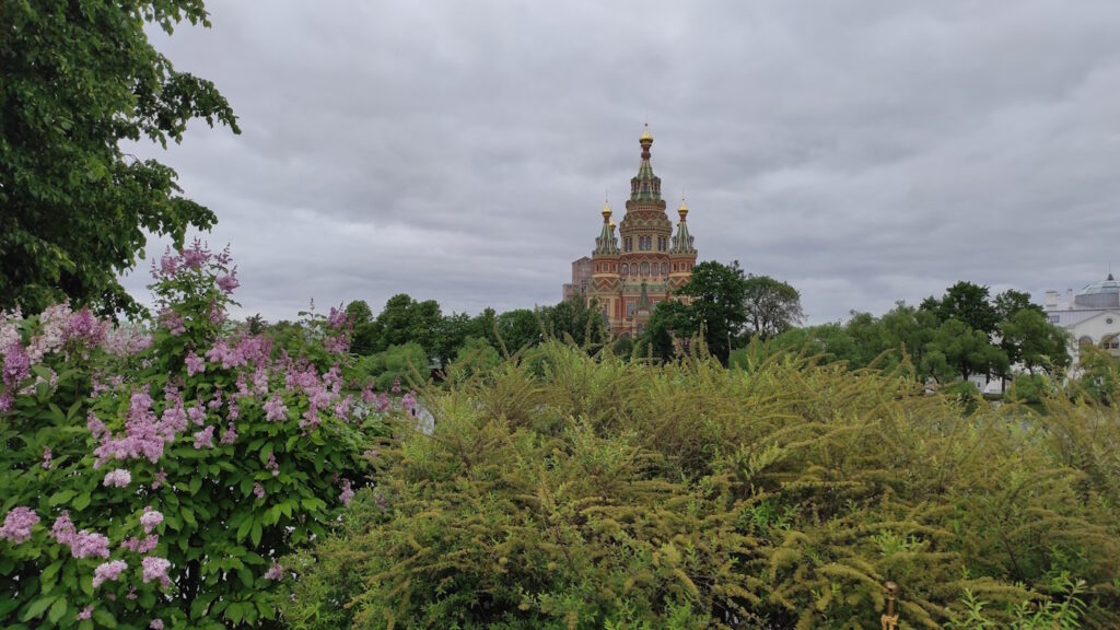 Вид на Петропавловский собор с острова Колонистского парка Петергофа